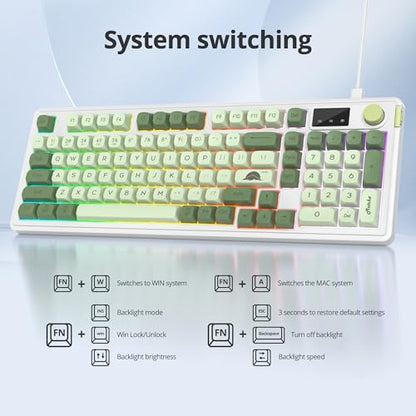 Owpkeenthy 96% Wireless Matcha Green Keyboard with Number Pad Knob, 98 Keys Silent Mechanical Feeling Membrane Creamy Gaming Keyboard 3-Mode Wired/Bluetooth 5.0/2.4G for Win/Mac(98 Matcha) - color: 98 Matcha