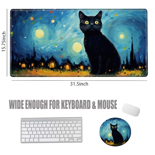 Large Mouse Pad Gaming Desk Mat Black Cat Mousepad XXL 31.5''X15.75'' Desk Pad Extended Mouse Mat of Girl Desktop Computer with Coaster - color: Sky Cat, size: 31.5''x15.75''