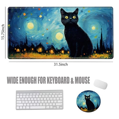 Large Mouse Pad Gaming Desk Mat Black Cat Mousepad XXL 31.5''X15.75'' Desk Pad Extended Mouse Mat of Girl Desktop Computer with Coaster - color: Sky Cat, size: 31.5''x15.75''