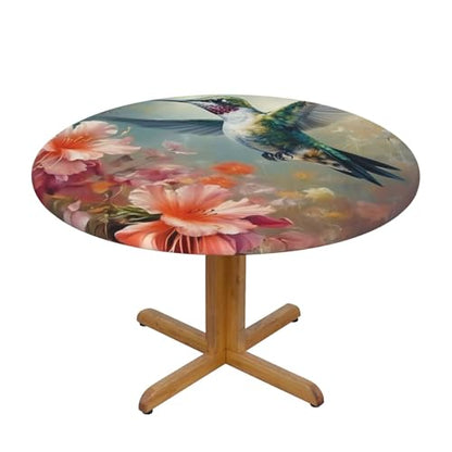 Famame Oil Painting Hummingbird Round Fitted Tablecloth with Elastic Protector Table Kitchen Dinner Waterproof Oil-Proof Table Covers Fits 40"-44", Small - color: Hummingbird, size: 2" (Round)