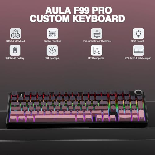 AULA F99 Pro Wireless Mechanical Keyboard with Knob,Tri-Mode BT5.0/USB-C/2.4GHz Hot Swappable Keyboard,Gasket Structure,Creamy Sound,RGB Backlit Computer Gaming Keyboards - color: Side Printed Pink