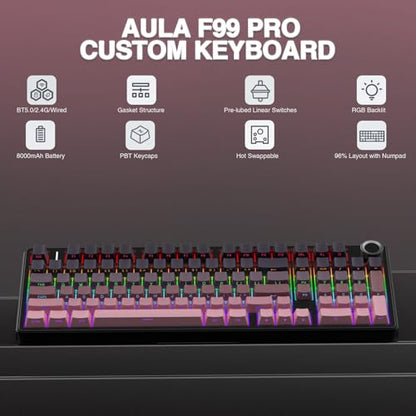 AULA F99 Pro Wireless Mechanical Keyboard with Knob,Tri-Mode BT5.0/USB-C/2.4GHz Hot Swappable Keyboard,Gasket Structure,Creamy Sound,RGB Backlit Computer Gaming Keyboards - color: Side Printed Pink