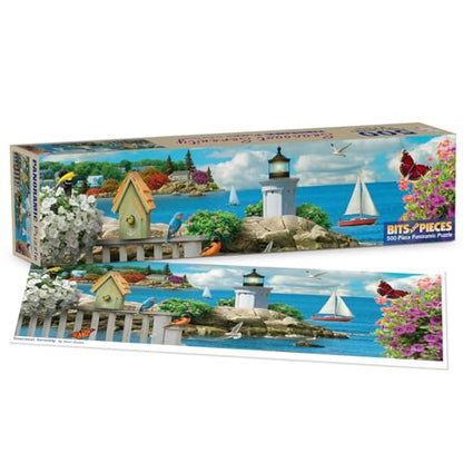 Bits and Pieces 500 Piece Panoramic Puzzle - Seacoast Serenity - Large 12" x 36" Jigsaw Puzzles for Adults 500 Pieces Seascape Ocean Lighthouse Birds, No 2 Pieces Alike - size: 500 Piece Puzzle