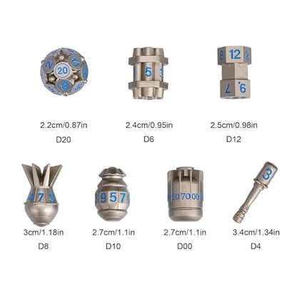 UDIXI Metal Dice Set 7PCS, Nickel Polyhedral D&D RPG Dice for Tabletop Game | Bomb Shape, Blue Numbers, Solid Metal, Cool Design, Leather Pouch Pakaging, for Dungeons and Dragons Role Playing Games - color: Nickel Blue