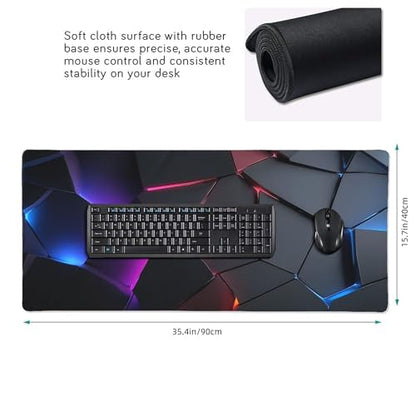 Neon 3D Geometry Desk Pad Mouse Pad Colorful Crack Cool Extended Gaming Mouse Pad Mat with Stitched Edge Non-Slip Base 35.4" x 15.7" - color: Neon 3D Geometry