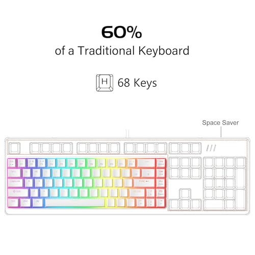 MageGee Portable 60% Mechanical Gaming Keyboard, Red Switch, PBT Pudding Keycaps RGB Backlit Compact 68 Keys Mini Wired Office Keyboard for Windows Laptop PC - White