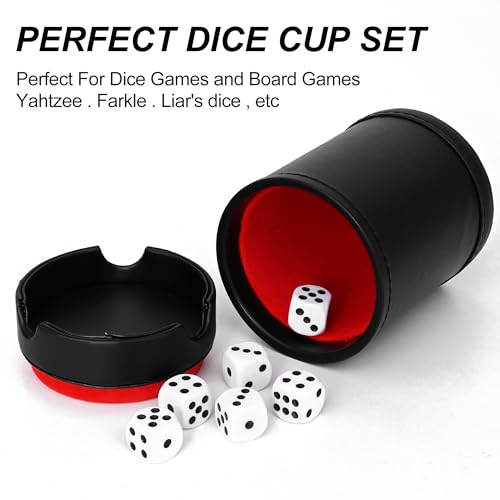 Dice Cup Leather Set with Lid, Felt-Lined PU Leather Quiet Shaker for Yahtzee Farkle Dice Board Games, Set of Six 16mm Dice Included
