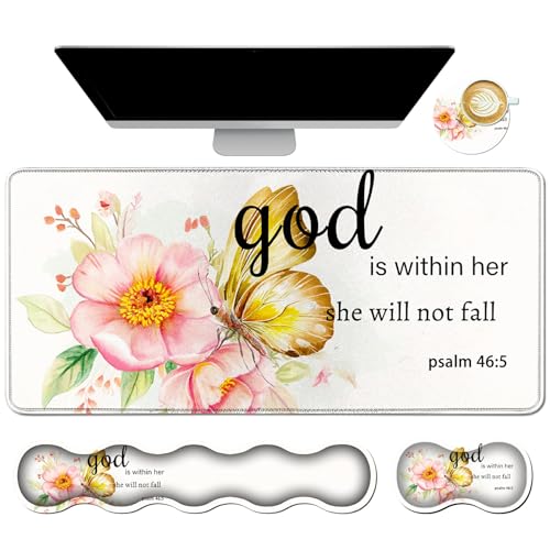 4Pcs Memory Foam Keyboard Mouse Wrist Rest Pad + Gaming Desk Mat 31.5" * 11.8" + MouseWrist Cushion + Coasters Set, Non-Slip Desk Pads Protector for Laptop Computer Home, Flower Bible Proverbs - color: Flower Bible Proverbs, size: 4Pcs Memory Foam Pad