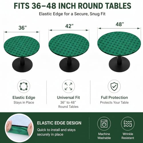 Mixweer Round Poker Table Cover, Fitted Felt Card Table Cover with Elastic Fits 36-48 Inch Round Tables, Casino Style Green Tablecloth for Poker, Blackjack, Bridge, Mahjong, Domino Game Nights