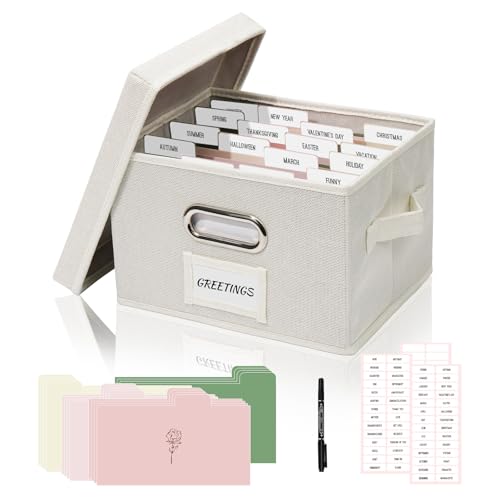 Photo & Card Keeper Box, Linen 10x7.8 in Ivory | Storage box w 16 dividers, 84 labels & pen, keeps greeting cards envelopes photos organized, compact sturdy office gift - color: Ivory, size: 1 Pack