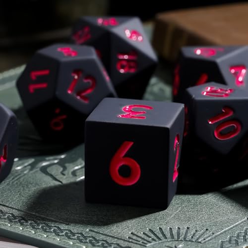 7-Piece Jumbo Silicone DND Dice Set, 25mm Oversized D&D Dice | Round Edges Soft Perfect Bouncer Compatible with Dungeons and Dragons RPG Bar Pub Club Party Games - color: Black W/Red Numbers