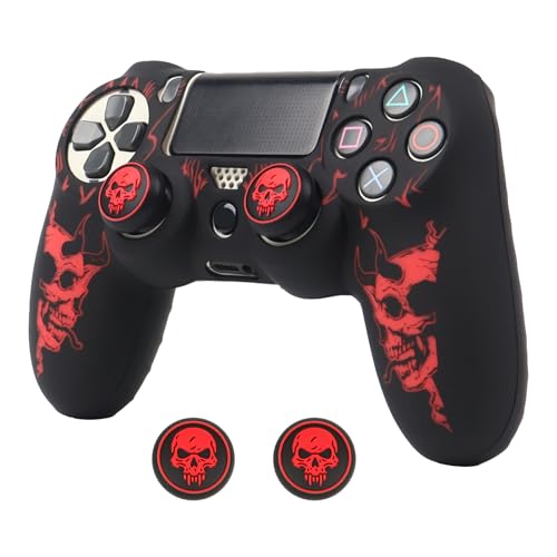 RALANHorned Skull Head Design Controller Skin Cover with 2 Thumb Grips Compatible with PS4/Playstation 4 Slim/Pro Controller - color: Horned Skull Black Red