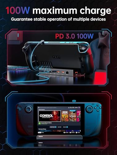 7-in-1 Steam Deck Dock with Dual 4K@60Hz HDMI DisplayPort – 100W USB C Docking Station for Steam Deck ROG Ally Legion Go – MacBook iPad Android Gaming Hub/Gigabit Ethernet 3xUSB 3.0 Ports