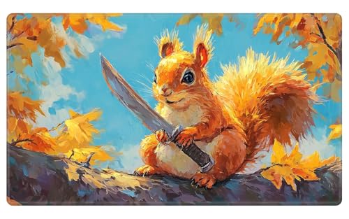 Card Playmat 24" x 14" TCG Game Mat for MTG and Other Card Games, Premium Stitched Card Gameplay Mat with Non-Slip Rubber Backing Board Games Desk Duel Mats, Autumn Warrior Squirrel - color: Autumn Warrior Squirrel, size: 24"X14" Without Zones