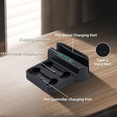 Mcbazel Charging Station for PlayStation Portal Remote Player and PS5 Controllers with LED Light and Charging Cable, Charging Dock Stand Base Holder Accessories for PS5 Portal Console - Black
