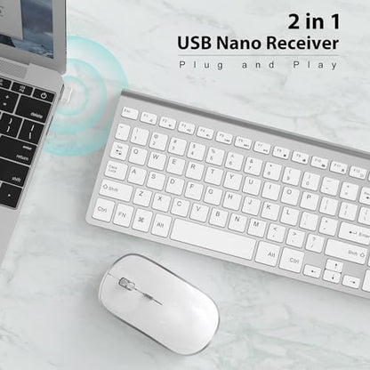 J JOYACCESS Wireless Keyboard and Mouse, Slim Wireless Keyboard Mouse with Numeric Keypad Compatible with iMac Mac PC Laptop Tablet Computer Windows (Silver White) - color: silver