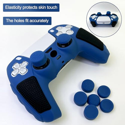Anti-Slip Blue PS5 Controller Skin,Soft Thicken Studded Protective Silicone Cover Skin Grips Compatible with PS5/Slim/Pro Controller and 8 PCS Thumb Grips Caps. - color: Blue&Black