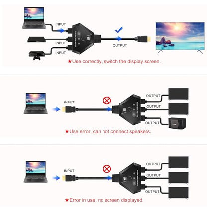 HDMI Switch 3 in 1 Out, 4K@60Hz HDMI Switcher with Gold Plated Ports, Plug & Play, Supports Full HD 1080P 3D Compatible with Roku TV Stick HDTV PS4/PS5 Xbox, Ideal for Home Theater, Gaming, Streaming