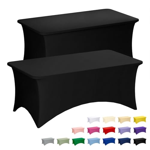 Fixwal Black Table Cloth 2 Pack 6FT for Rectangular Table Spandex Fitted Table Covers Washable Stretch for Soccer Party, Trade Show, Banquet, Wedding, Buffet - color: Black, size: 6 Ft