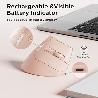 Uineer Vertical Ergonomic Mouse, Wireless Bluetooth Mouse, 3-Device,Quiet | Switch among 3 devices; side scroll wheel supports horizontal navigation for documents and spreadsheets. - color: Pink