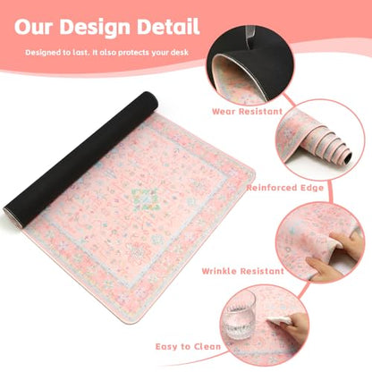 Baziabbo Pink Floral Desk Mat,XXL Extended Big Mouse Pad,Gaming Mousepad with Stitched Edge,Non-Slip Rubber Base Keyboard Desk Pad for Home Office Study Game - color: A-Pink Floral