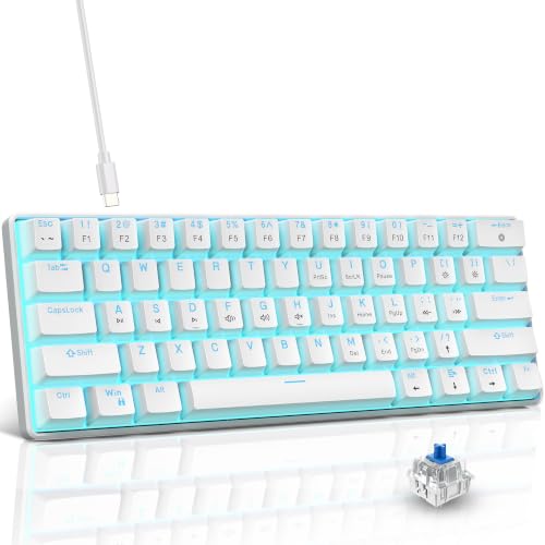 Snpurdiri 60% Mechanical Gaming Keyboard (White, Blue Switches) | Ice Blue LED Backlit 61 Keys Mini Wired Office Keyboard for Windows Laptop PC Mac - color: White(Ice Blue Light)/Blue Switch