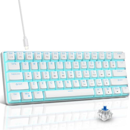 Snpurdiri 60% Mechanical Gaming Keyboard (White, Blue Switches) | Ice Blue LED Backlit 61 Keys Mini Wired Office Keyboard for Windows Laptop PC Mac - color: White(Ice Blue Light)/Blue Switch