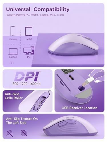 RAPIQUE Bluetooth Wireless Mouse, Dual Bluetooth & 2.4GHz USB Receiver, Right-Hand Design, Quiet Clicks, Low Power, Portable Multi-Device Compatibility for MacBook, Laptop, Computer, iPad, PC - Purple - color: Lavender Purple