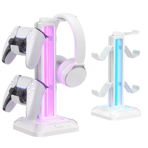 KDD RGB Headset Stand with 9 Light Modes - Controller Holder for Desk - Rotatable Headphone Stand & Detachable Controller Hook for PC Earphone Accessories(White) - color: White