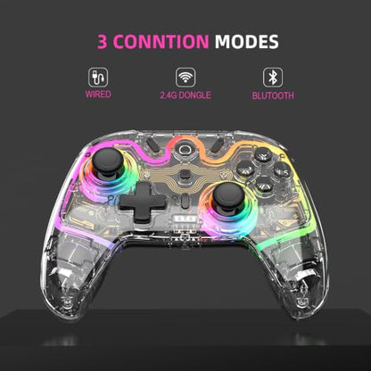 ASRVA Wireless Hall Effect Controller, Bluetooth/2.4G/Wired 3 Modes, RGB Transparent Gamepad with Trigger Lock, 6-Axis Gyro, Compatible with Switch/PC/Mac/PS3/Steam Deck/iOS/Android