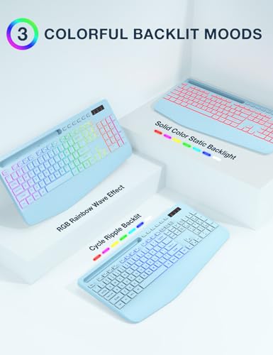 Wireless Keyboard and Mouse Combo, 9 Backlit Effects, RGB, 2.4GHz | Ergonomic Wrist Rest, Phone Holder, Rechargeable, Full Size, KM22 MAX Silent Set for Computer, Laptop, Mac, Windows (Blue) - color: Sky Blue