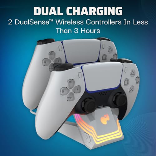 PDP Afterglow Wave Dual Charger for PS5, PS4, PlayStation Controllers | Customizable RGB Lighting, Charges 2 DualSense Controllers, Rechargeable 40-Hr Battery, Licensed for PlayStation 5 & 4, White - color: White, style: PlayStation