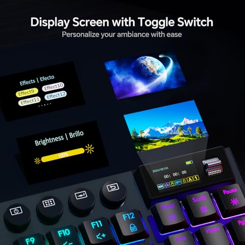 Hexgears Immersion A3 Low-Profile Wireless Mechanical Keyboard, TKL Hot-Swappable Aluminum Gaming Keyboard, BT5.0/2.4GHz/USB-C Clicky Switches, RGB Backlit, TFT Screen & 5800mAh Battery for Pc/Mac - size: A3 - Tkl, style: Clicky