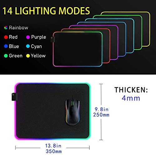 RGB Gaming Mouse Pad, Small Size Glowing Water-Resistant Soft LED Mouse Pad (13.8 x 9.8 x 0.16”) with 14 Lighting Mode, Anti-Slip Rubber Base Mouse Mat for PC LaptopOfficeHomeTravel, L-Black