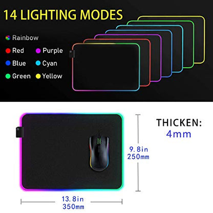 RGB Gaming Mouse Pad, Small Size Glowing Water-Resistant Soft LED Mouse Pad (13.8 x 9.8 x 0.16”) with 14 Lighting Mode, Anti-Slip Rubber Base Mouse Mat for PC LaptopOfficeHomeTravel, L-Black