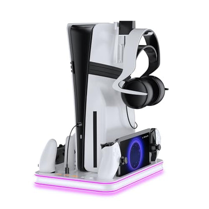 PS5 Pro/PS5/Slim/Stand and Cooling Station with LED,Charging Station for PlayStation Portal & PS5 Controller, Headset and Remote Holders (White) - color: White