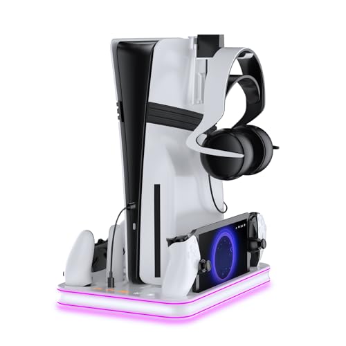 PS5 Pro/PS5/Slim/Stand and Cooling Station with LED,Charging Station for PlayStation Portal & PS5 Controller, Headset and Remote Holders (White) - color: White