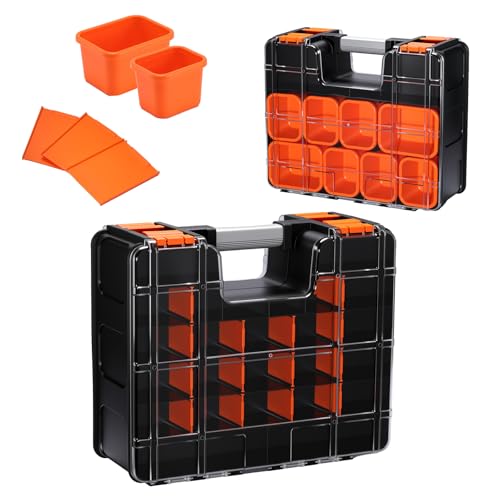 Mayouko Double Side Tool Box with Transparent Lid, 8 Movable Small Trays & Removable Dividers, Multi-Function Small Parts Organizer, for Hardware, Screws, Bricks, Nails, Jewelry and Fishing Tackle - size: 15.16"L x 12.8"W x 6.3"H