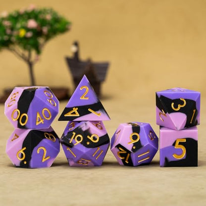 D&D Silicone Rubber Polyhedral Dice,Sharp Edges DND Dice Set 7pcs (D4, D6, D8, D10, D12, D20, D%) for Dungeons and Dragons, RPG, MTG for Ages 15 and Up - color: Pink Black Purple