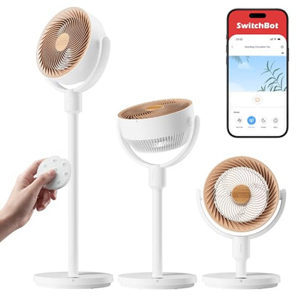 SwitchBot Smart Pedestal Fan, Rechargeable Oscillating Standing Fan for Bedroom, Corded & Cordless, Adjustable Height Floor & Desk Fan, 22dB, Remote & App, Works with Alexa,Google Home,HomeKit,Matter