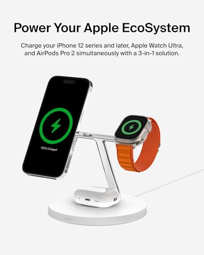 Belkin MagSafe 3 in 1 Wireless Charging Stand, 2nd Gen, 33% Faster | Apple Watch, iPhone 16/15/14, AirPods compatible, multi-device charging station, faster charging, Magnetic - color: White, style: Chrome Finish