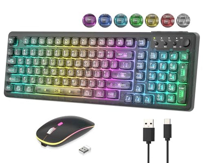 Wireless Keyboard and Mouse Combo Rechargeable, Light Up Transparent Backlit Keyboard with 15 LED Lighting Effects, Volume Knob, RGB Mouse, 2.4GHz Wireless for PC Laptop Desktop, Black - color: K04 Black