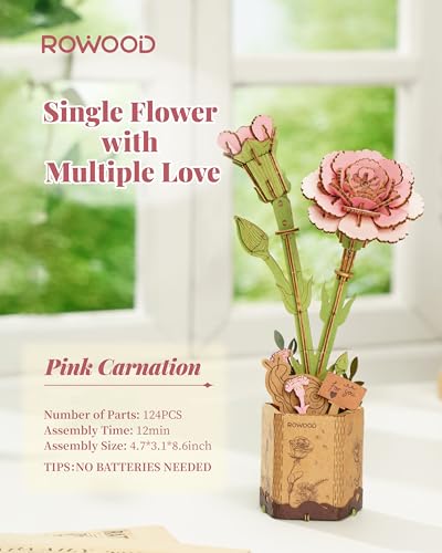 rowood 3D Puzzle Wood Flower,DIY Artifical Flower Building Set Craft Kit for Women,Mother's Day/Valentine's Day/Teacher's Day/Thanksgiving/Christmas/Birthday Gift -Pink Carnation - style: Pink Carnation
