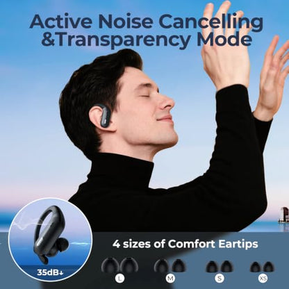 Active Noise Cancelling Wireless Earbuds Bluetooth Headphones 90 Hrs Playtime Ear Buds with Hi-Res Stereo Deep Bass Power Display Earphones with Earhooks Waterproof Transparency Headset Sports/Running - color: Black