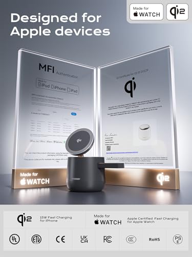 THREEKEY 4 in 1 Qi2 Magnetic Wireless Charging Station, 15W Fast Charger with Made for Apple Watch Charging Module, for iPhone 17–12 Series & AirPods, 65W Adapter Included - color: Black