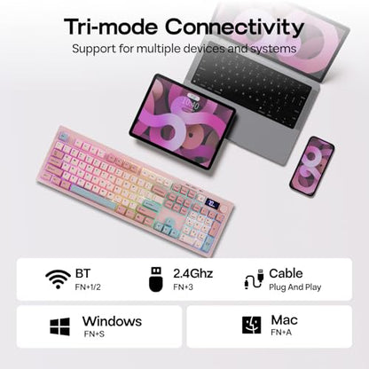 EPOMAKER Aula S102 PRO Membrane Gaming Keyboard with TFT Screen, Volume Knob & Number Pad, BT/2.4G/USB, RGB Backlit, Creamy Silicone Structure, Silent Keyboard for PC Game/Office (Pink) - color: Pink