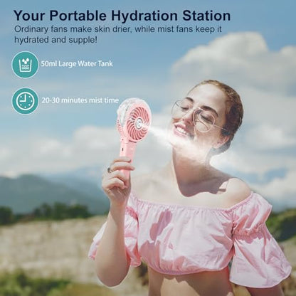 HandFan 4000mAh Handheld Misting Fan, 50ml Water Tank, Rechargeable Personal Mister Fan Portable AC, Spray Water Mist Fans, Foldable Cooling Ice Fans for Beach Travel Outdoors(Pink) - color: Pink, style: 4000mAh