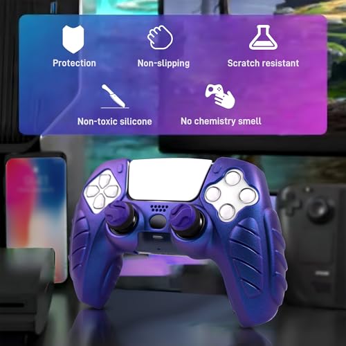 Ergonomic Soft Grip Skin for PS5 Controller, Anti-Slip Silicone Chameleon Controller Cover for PlayStation 5 with 6 Thumb Grips Accessories Set (Chroma Indigo) - color: Chroma Indigo