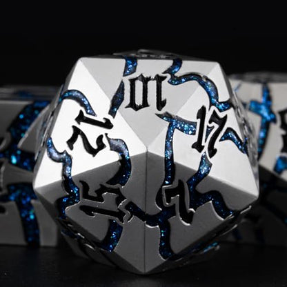 Cracked Rune Metal Dice Set for DND & RPG – Dark Fantasy Fractured Design, Premium Heavy Metal Polyhedral Dice with Deep Engraved Numbers, 7-Piece Set – Blue Arcane Vein - color: Pearl Silver Blue