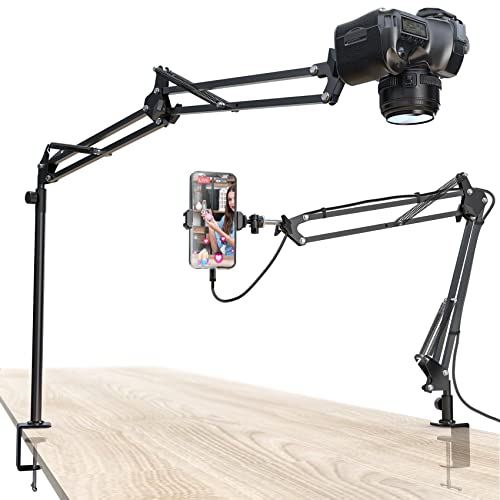 Overhead Camera Mount, Desk Camera Mount with Articulating Arm, 5lb Load Capacity, 360° Adjustable Stand for Phone/DSLR/Webcam, C-Clamp Tabletop Mount for Video Recording, YouTube, Live Streaming - color: Black